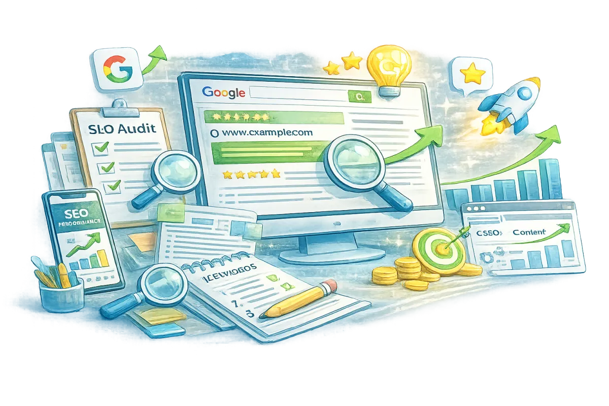Paid advertising campaign management illustration showing Google Ads, Facebook Ads, and performance tracking.