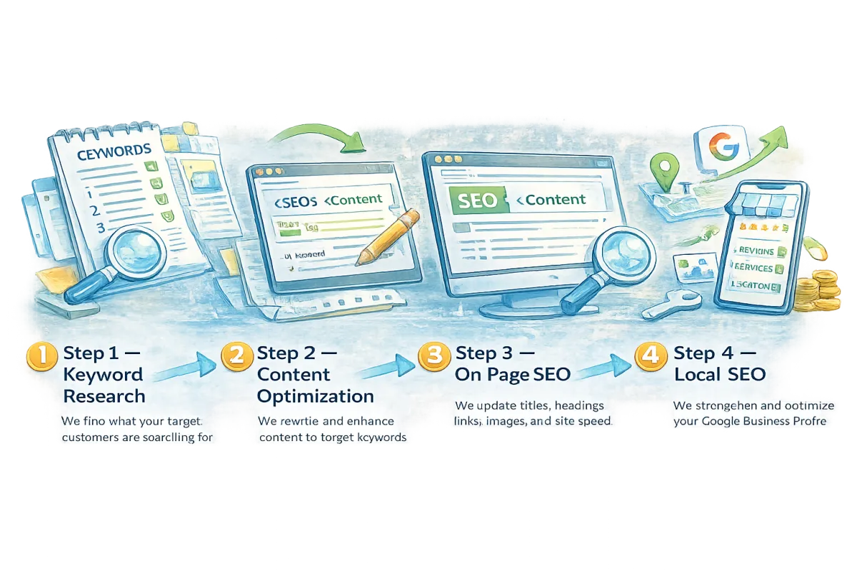 Paid advertising campaign management illustration showing Google Ads, Facebook Ads, and performance tracking.