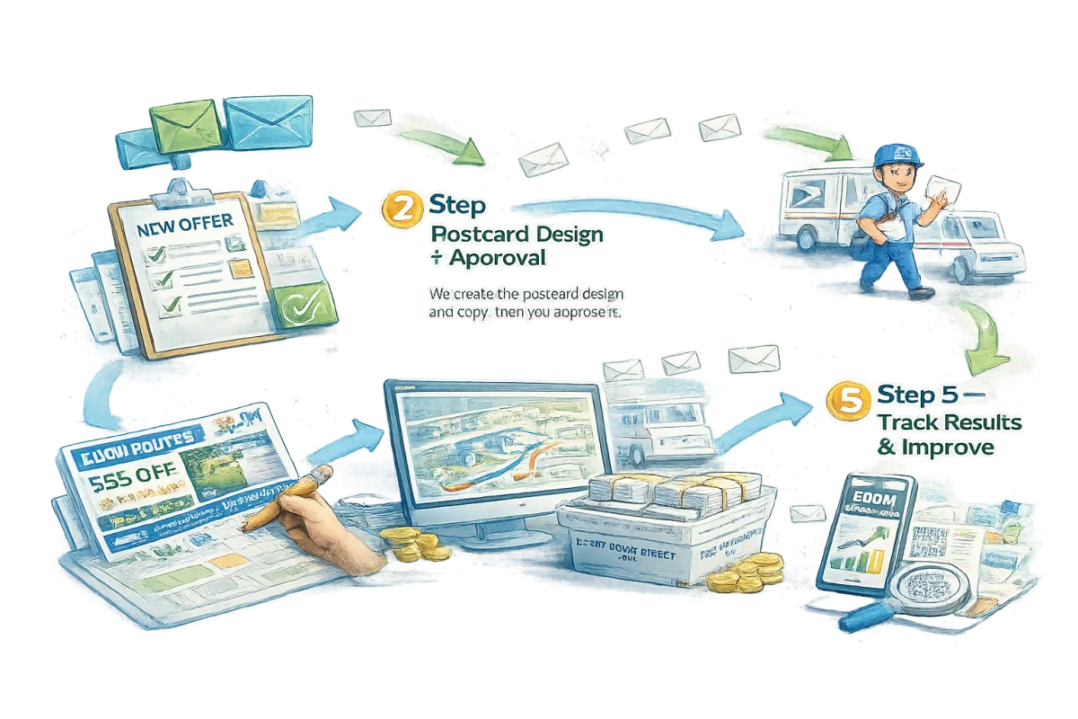 Paid advertising campaign management illustration showing Google Ads, Facebook Ads, and performance tracking.
