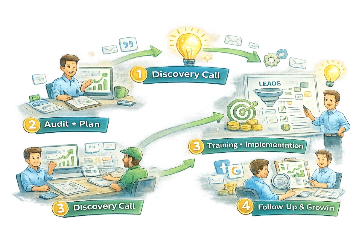 Paid advertising campaign management illustration showing Google Ads, Facebook Ads, and performance tracking.