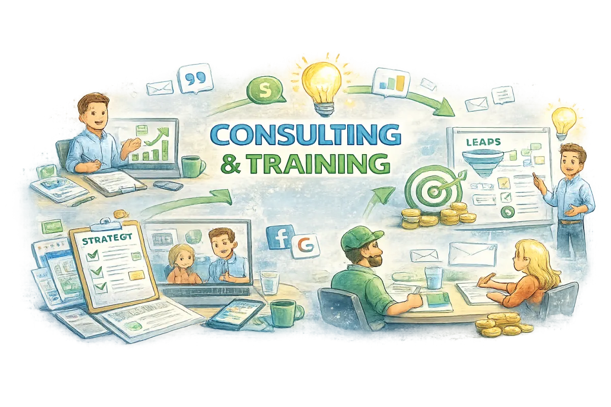 Paid advertising campaign management illustration showing Google Ads, Facebook Ads, and performance tracking.