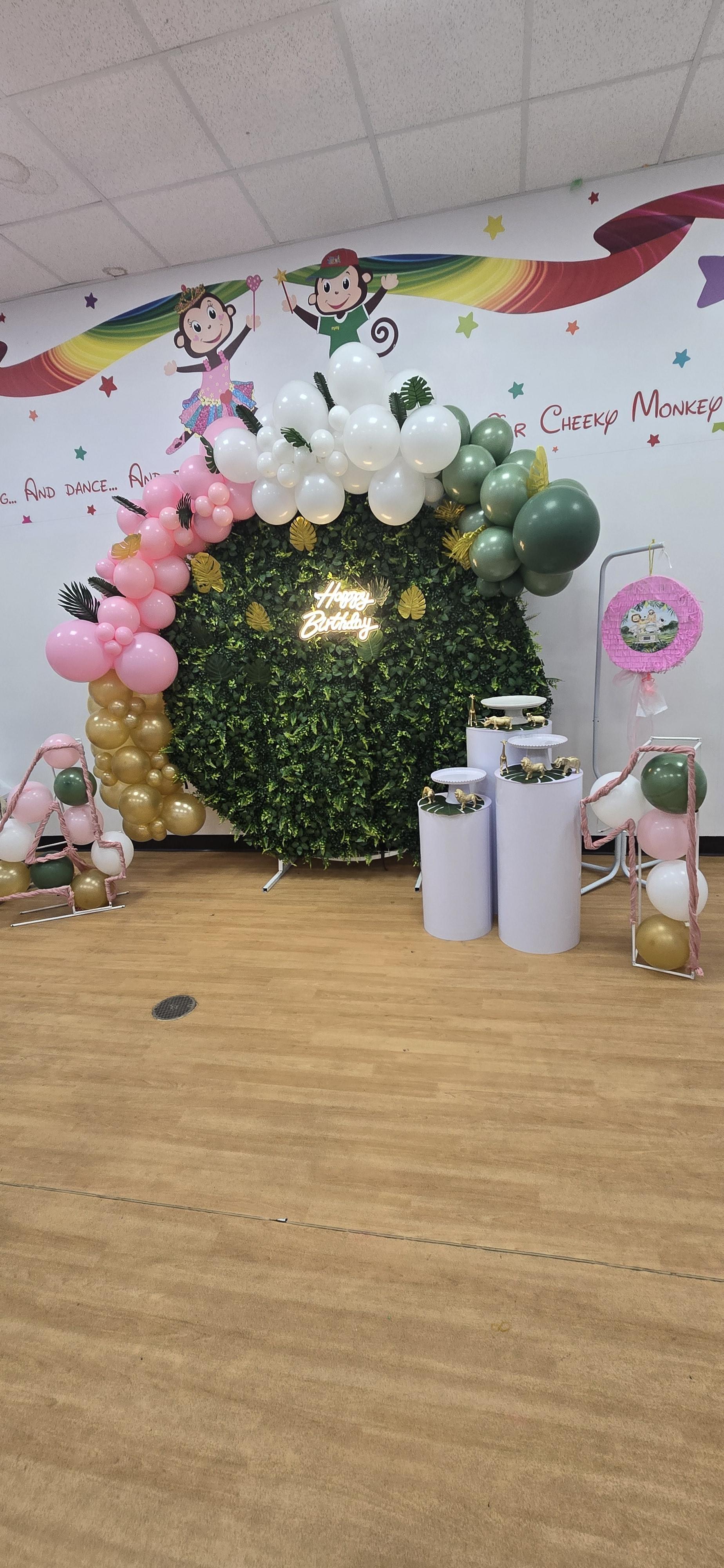 Themed backdrop with balloon pillars