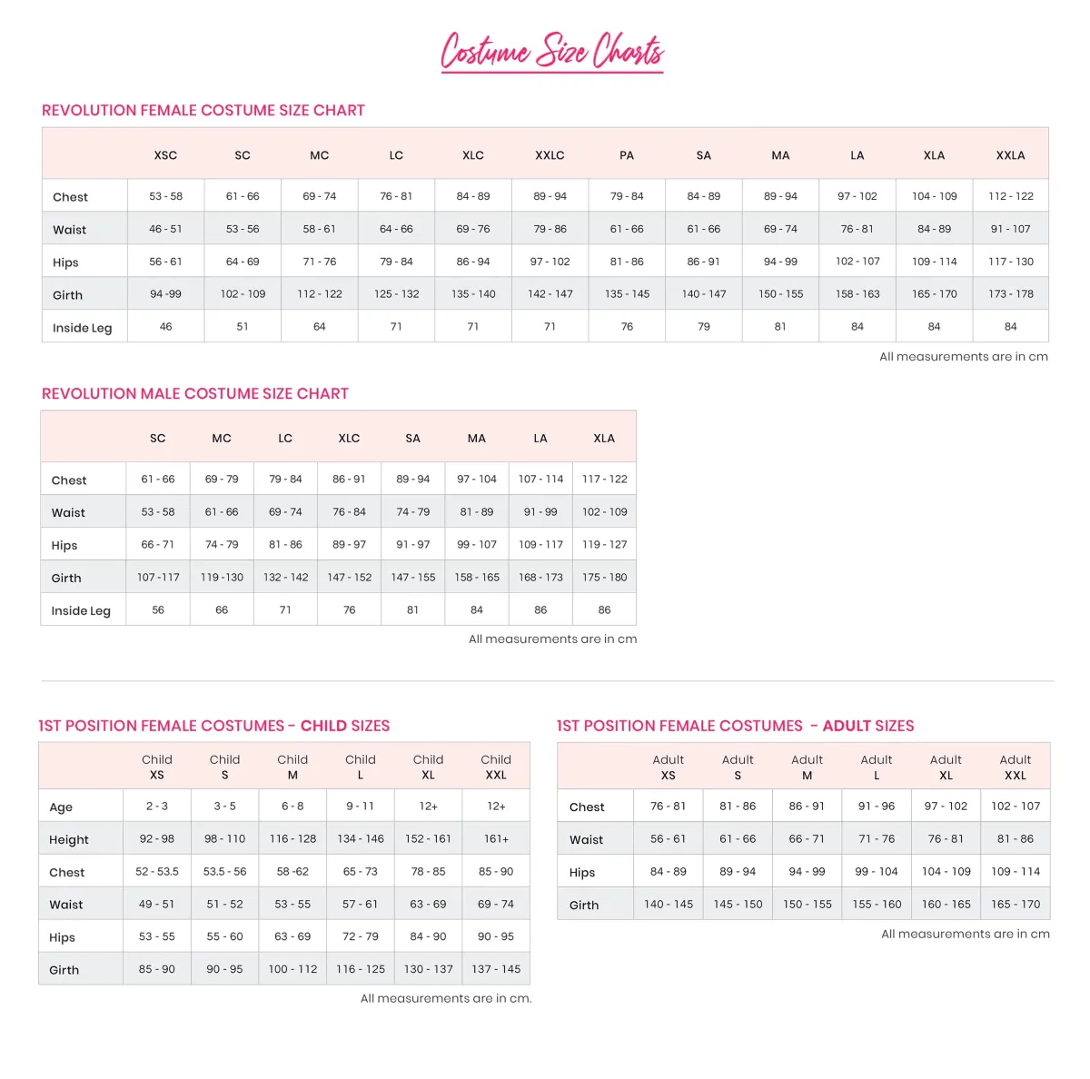 Costume House Hire Sizing Guides