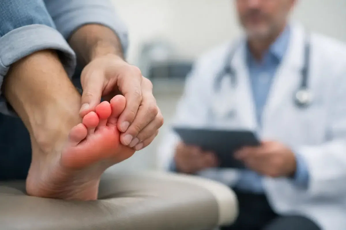 Patient holding bare foot with red highlights on toes indicating numbness or neuropathy during a doctor consultation.