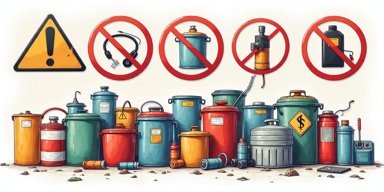 ChatGPT said:  Image 1: "Four color-coded recycling bins labeled glass, metal, plastic, and paper lined up indoors beside a potted plant."  Image 2: "Illustration showing various hazardous waste containers with warning symbols and prohibited items like electronics and chemicals.