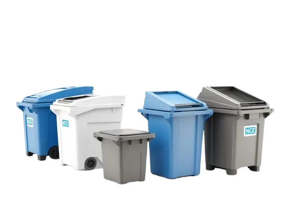 ChatGPT said:  Image 1: "Titan Trash garbage truck parked outdoors under a clear blue sky with company branding on the side."  Image 2: "Assorted plastic trash and recycling bins in blue, white, and gray colors displayed on a white background.