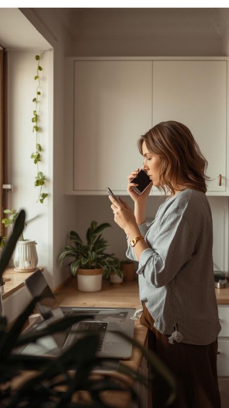 Woman on phone with her laptop