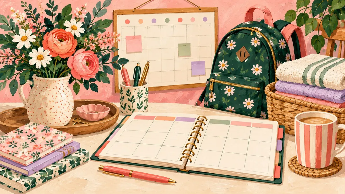 Painted weekly planner, family calendar, backpack and basket of folded towels.