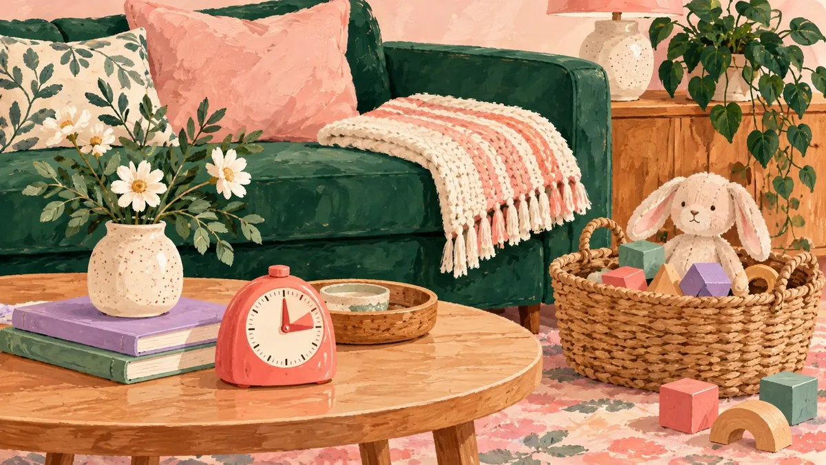 Painted coral timer, toy basket and tidy green sofa with a folded throw.