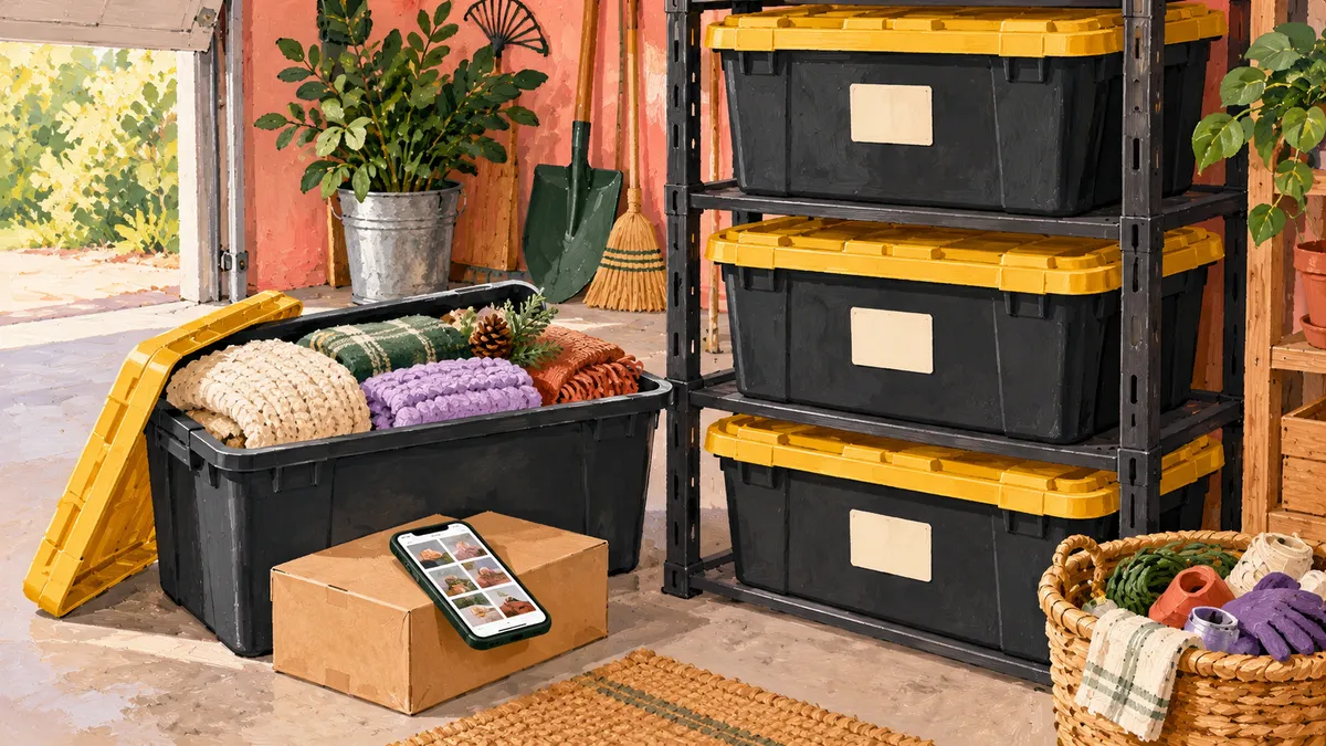 Painted garage storage scene with black bins, yellow lids, an open tote and a phone showing a generic inventory grid.