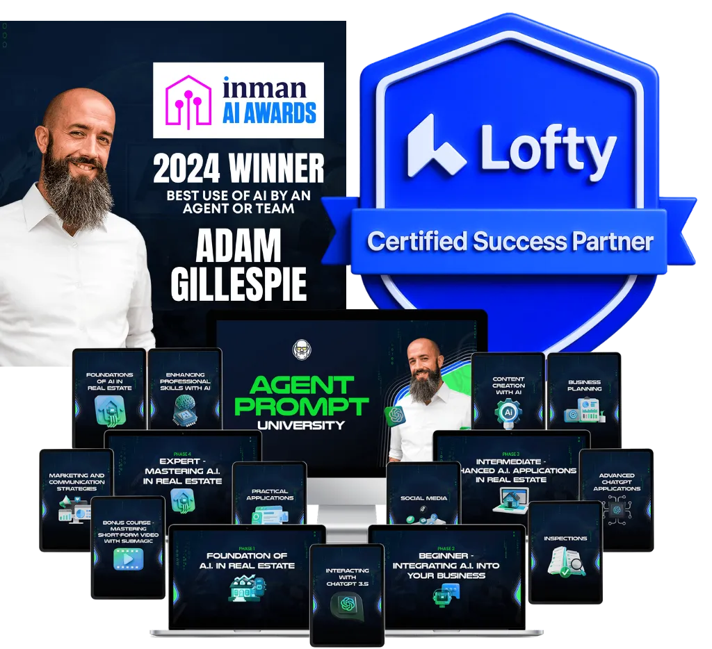Real estate AI coach section highlighting why agents should work with Apex Elite AI, featuring Inman AI Award recognition, Lofty Certified Success Partner badge, and Agent Prompt University training