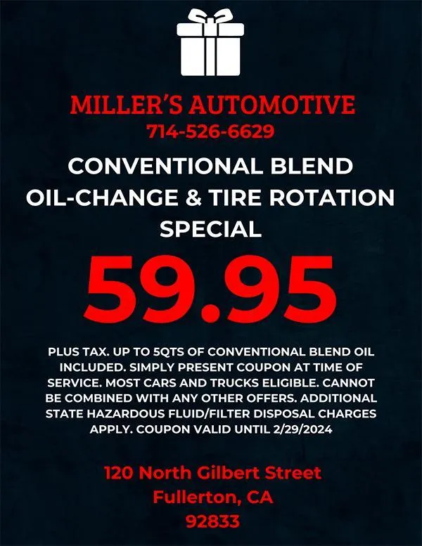 Miller’s Automotive Service: Conventional Oil Change & Tire Rotation Special