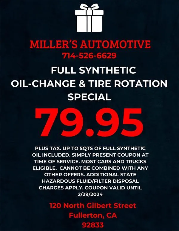 Miller’s Automotive Service: Synthetic Oil Change & Tire Rotation Special