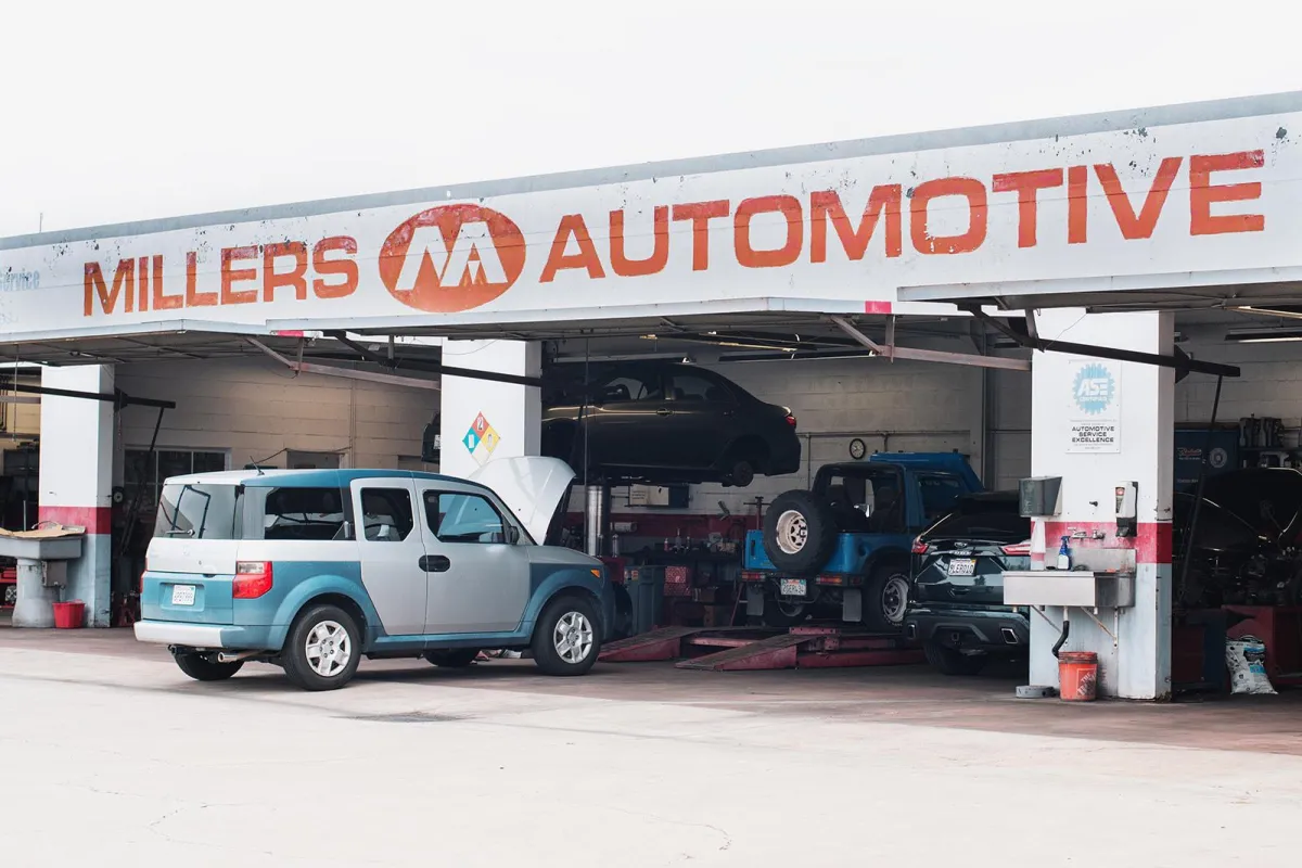 Outside the shop of Miller’s Automotive, which offers full service auto repair in Fullerton, CAf