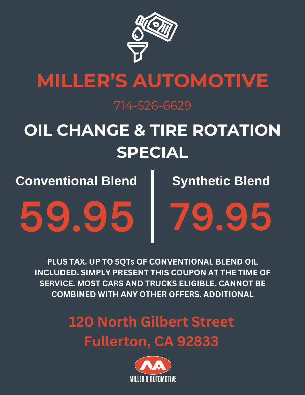 Miller’s Automotive Service: Conventional Oil Change & Tire Rotation Special