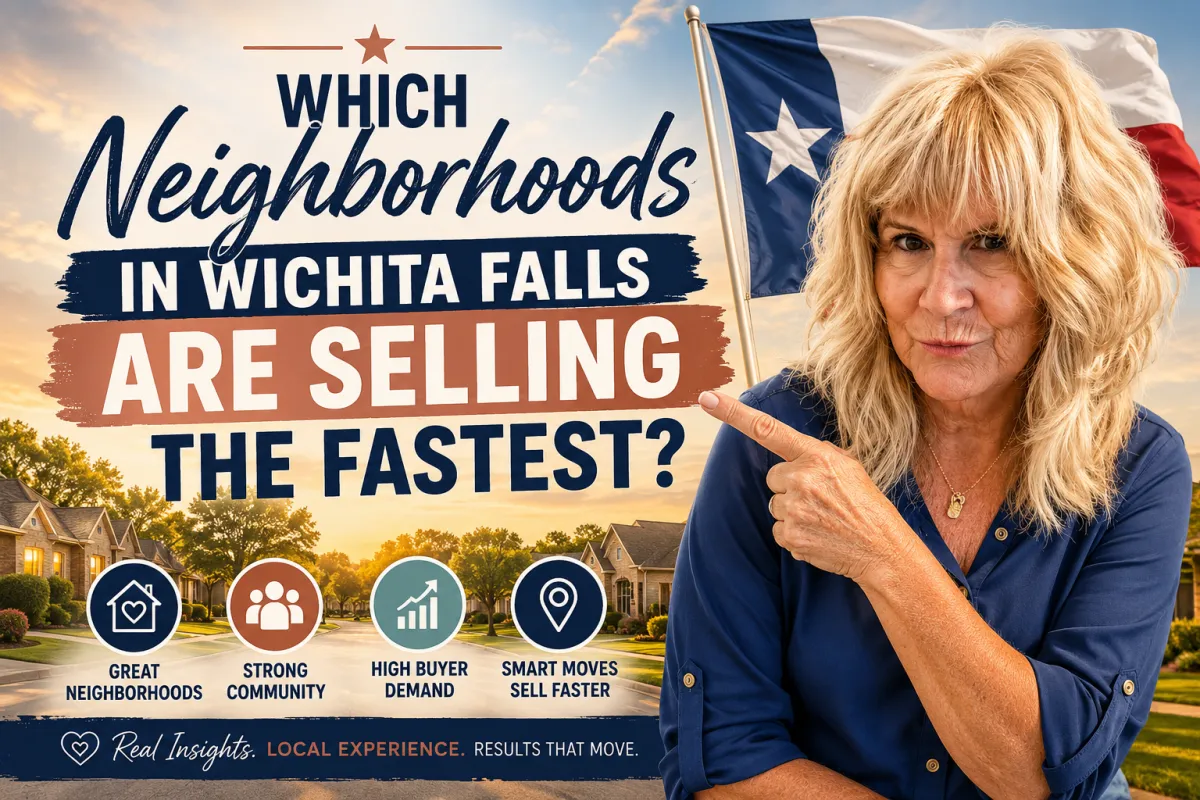 Debbie Dobbins pointing toward the fastest-selling neighborhoods in Wichita Falls, Texas, with a warm community backdrop and guidance for home sellers.