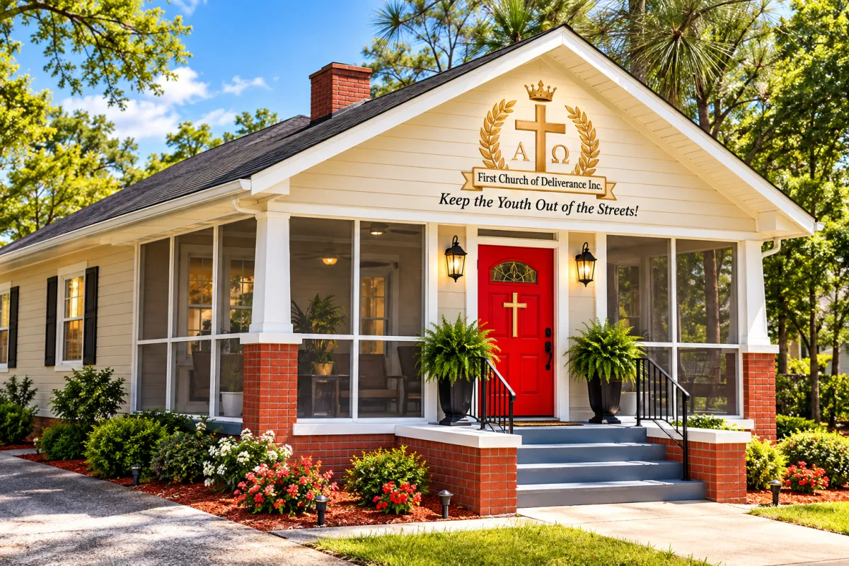 Map preview and sanctuary exterior for Sunday service arrival