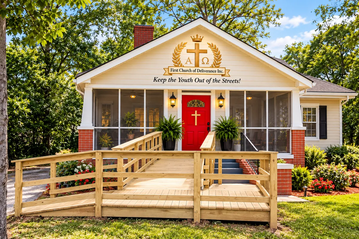 Map preview and sanctuary exterior for Sunday service arrival