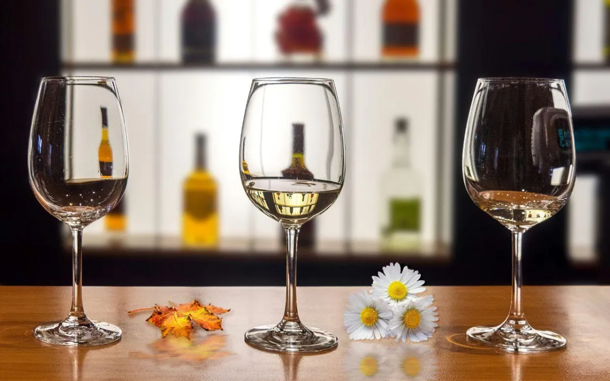 3 coupes de vin blanc posée sur un comptoir devant un cellier mural éclairé en led