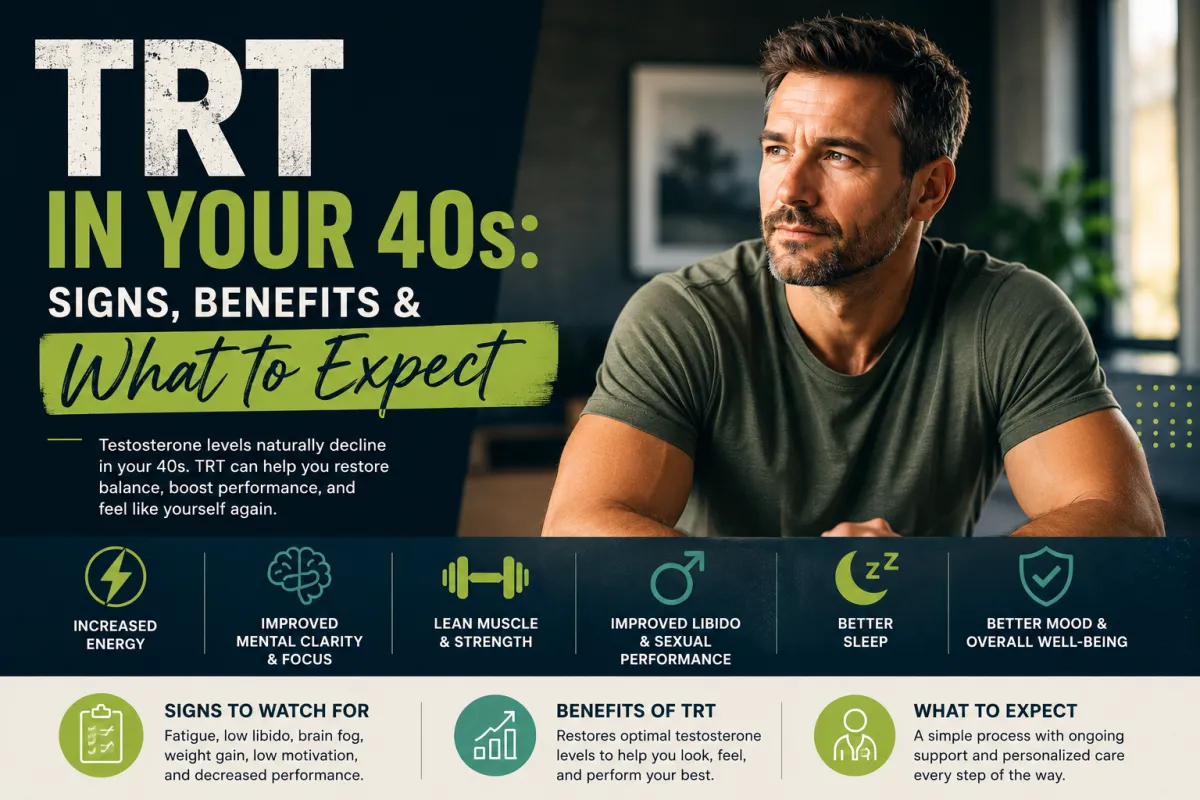 Blog cover featuring a healthy middle-aged man and information about testosterone replacement therapy (TRT), including signs of low testosterone, treatment benefits, and what to expect during therapy.