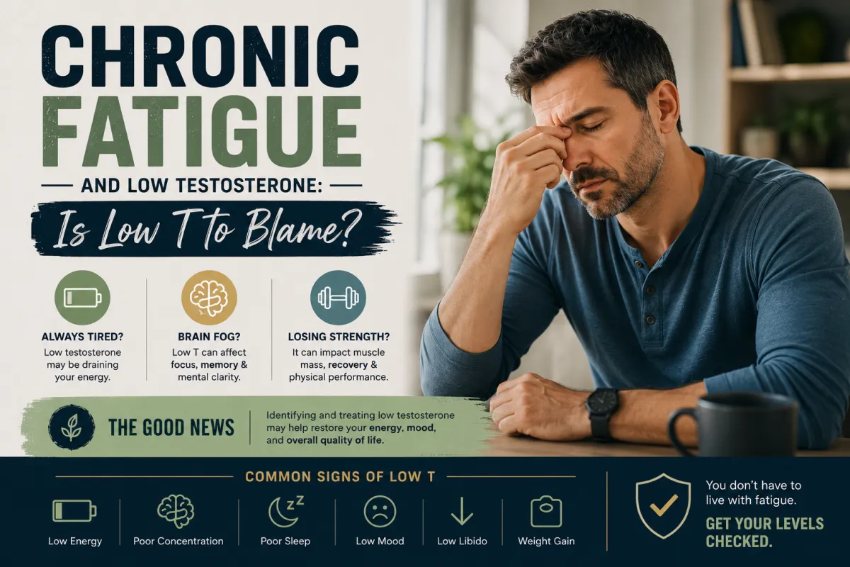 Healthcare blog cover illustrating the connection between chronic fatigue and low testosterone, featuring a tired middle-aged man and information about symptoms, diagnosis, and treatment.