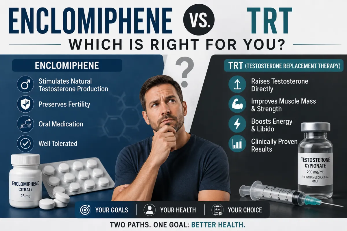 Cover image comparing Enclomiphene vs. TRT for low testosterone treatment, featuring oral medication, testosterone injections, and key differences between the two therapies.