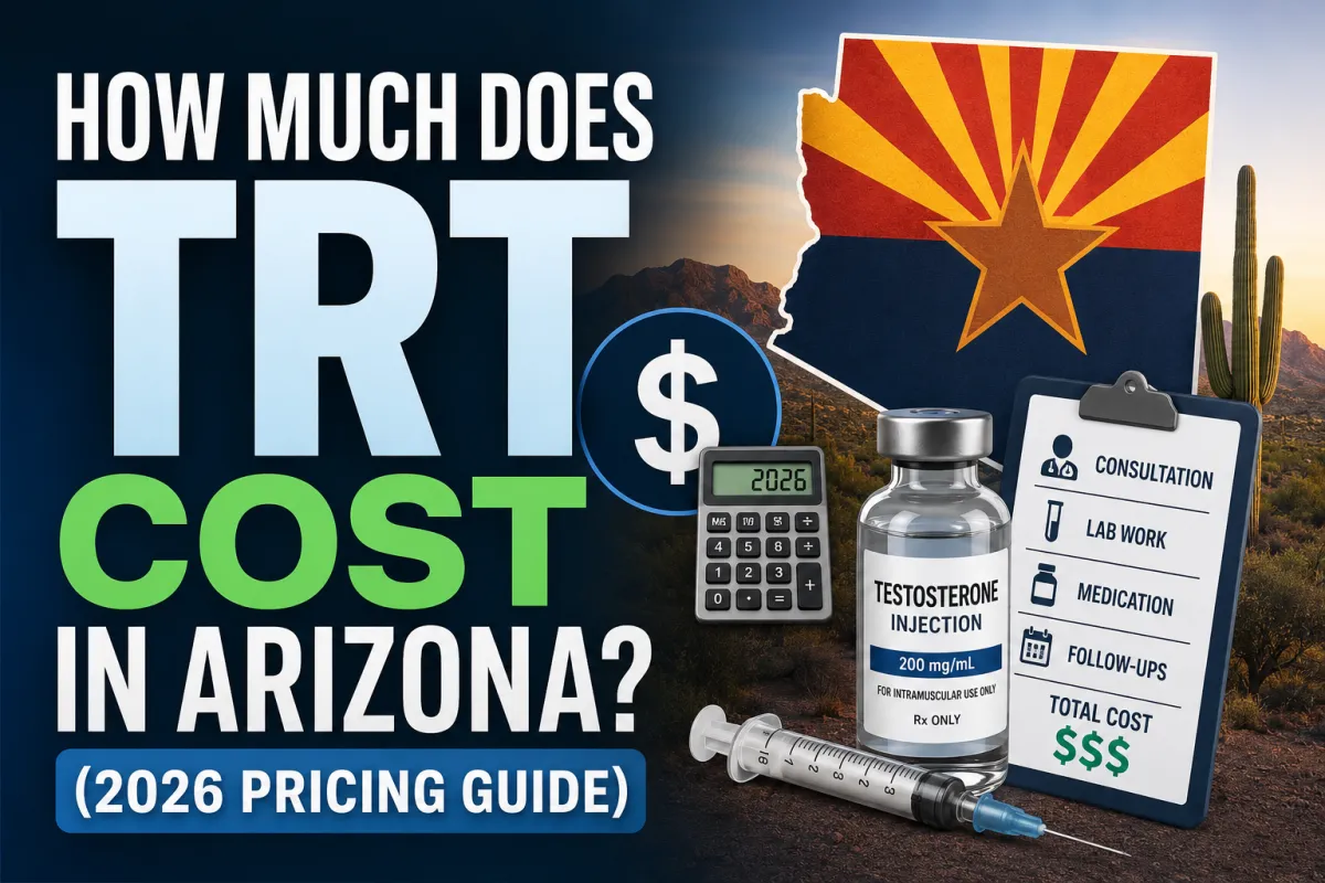 Illustration of testosterone replacement therapy costs in Arizona with a testosterone vial, syringe, calculator, and checklist representing consultation, lab work, medication, and follow-up care.