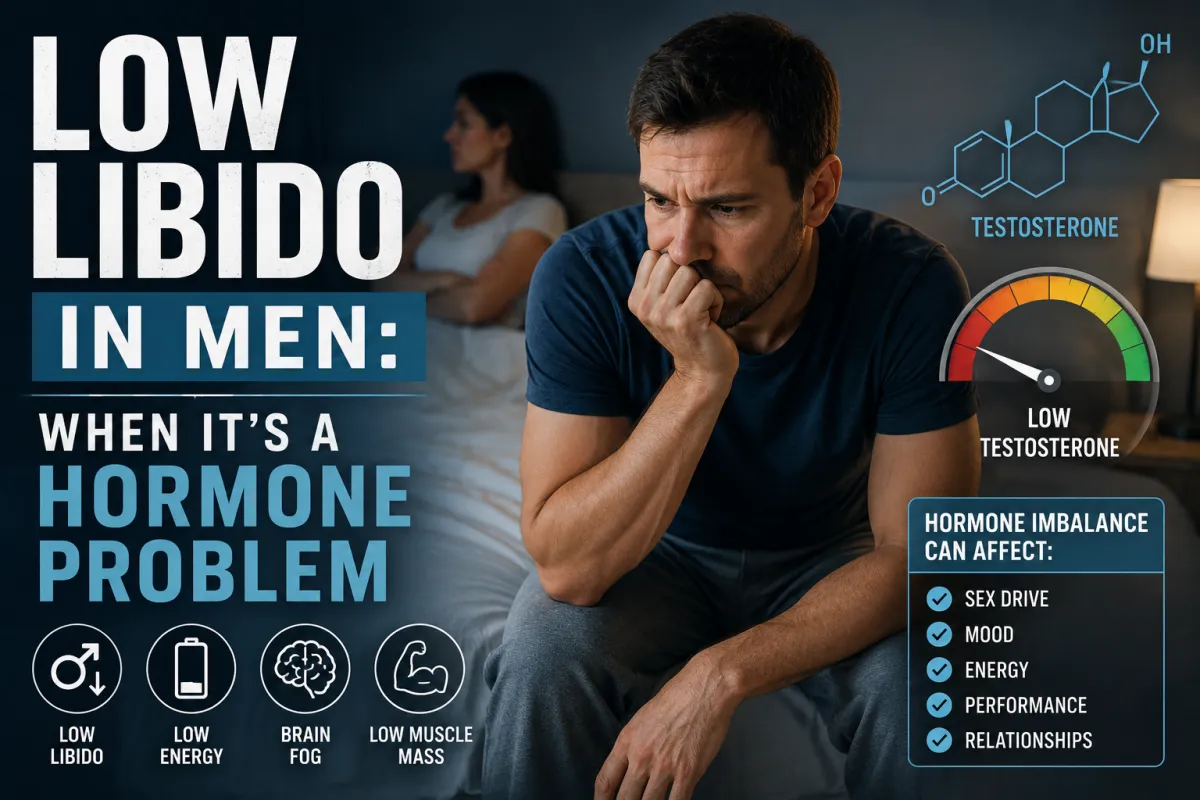 Medical illustration of a man experiencing low libido with testosterone graphics explaining how low testosterone and hormone imbalance can affect sex drive, energy, mood, and overall health.