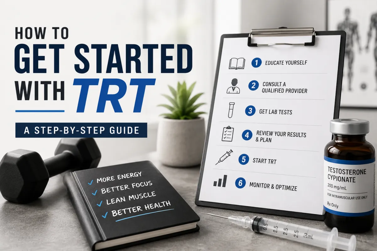 How to Get Started With TRT Step-by-Step Guide infographic showing testosterone replacement therapy process including consultation, lab testing, treatment planning, and monitoring with medical tools and checklist on clipboard