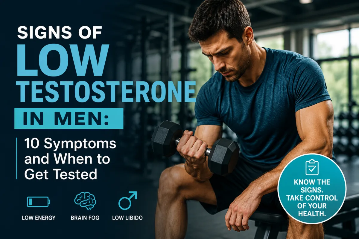 Signs of low testosterone in men with a man exercising in a gym and information about Low T symptoms and testosterone testing.
