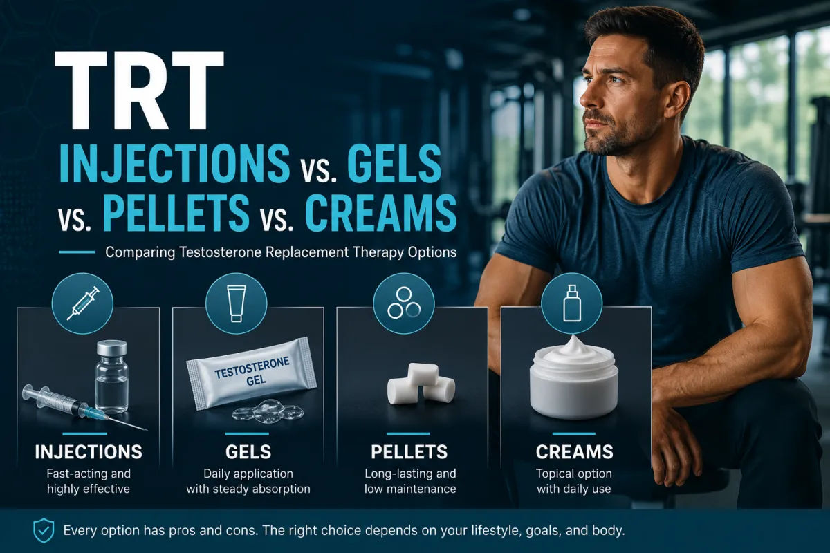 TRT injections, gels, pellets, and creams compared as testosterone replacement therapy options for men with low testosterone.