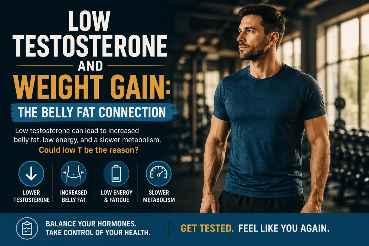 Low testosterone and weight gain in men, featuring a man in a gym and the link between Low T, belly fat, and metabolism.