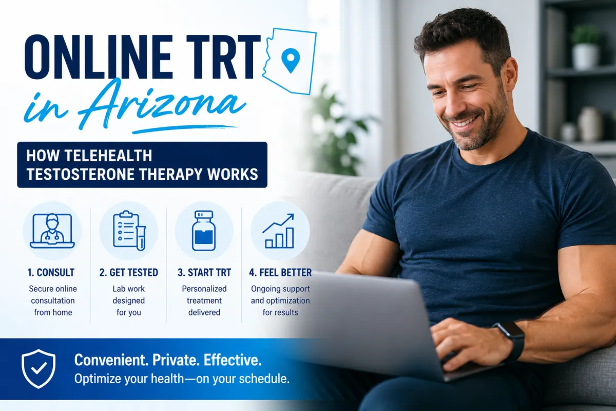 Online testosterone replacement therapy in Arizona, showing a man using telehealth TRT services from home for convenient hormone treatment and monitoring.