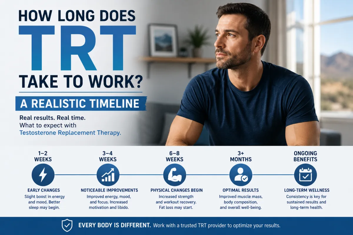 How long TRT takes to work, featuring a testosterone replacement therapy timeline with expected improvements in energy, mood, muscle mass, and hormone health.