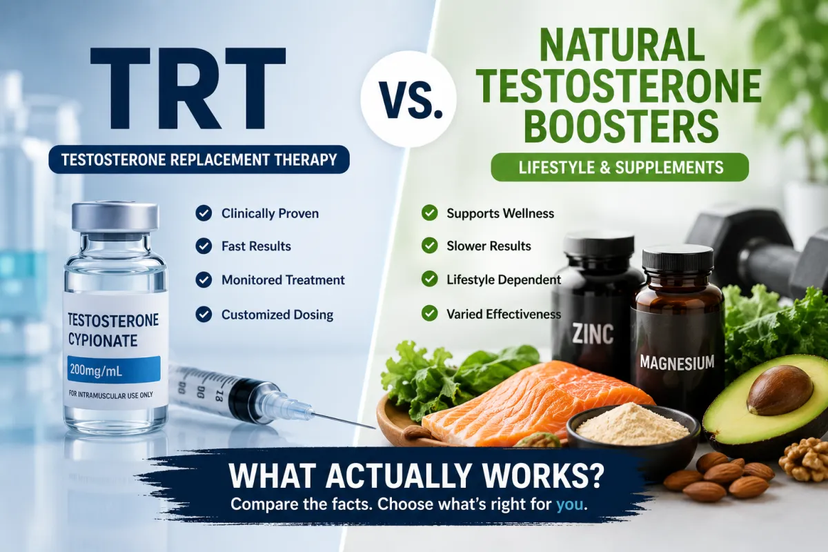 TRT vs natural testosterone boosters comparison featuring testosterone replacement therapy, supplements, nutrition, and lifestyle changes to improve low testosterone levels in men.