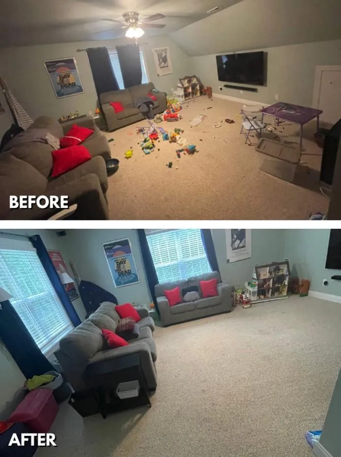 Before and after of a family room showing a cluttered space transformed into a clean, organized living area