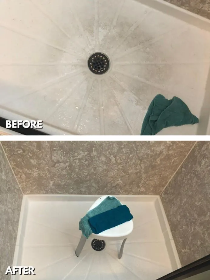 Side-by-side image of a stained shower floor next to a sparkling clean version after deep cleaning