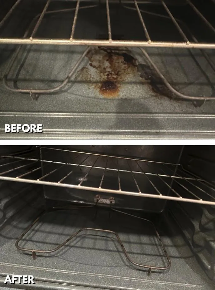 Oven interior showing grease buildup in the before image and a spotless oven in the after shot