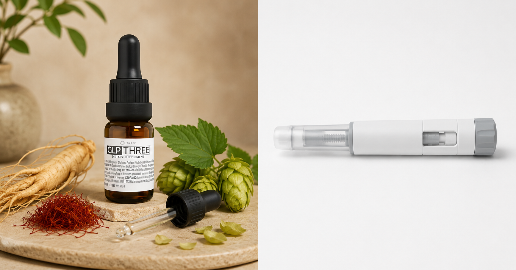 GLP THREE natural dropper supplement next to a prescription injection pen, side by side comparison