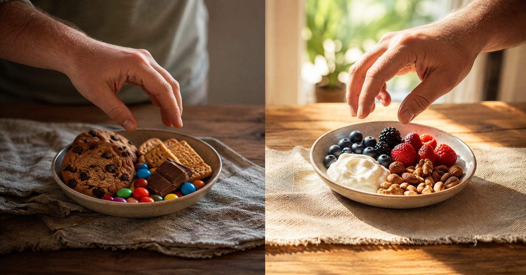 Woman reaching for fresh fruit instead of processed sugar to manage sugar cravings naturally