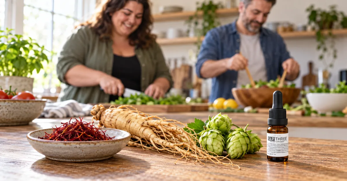 Saffron threads, ginseng root, and hops cones on a linen table, representing natural ingredients often discussed when people search for the best natural fat burner