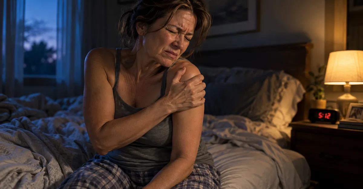 Woman sitting on the edge of her bed gripping her shoulder in intense frozen shoulder pain