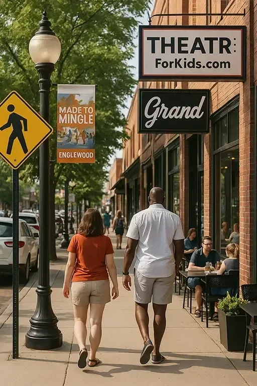Couple walking down South Broadway street in Englewood, Colorado