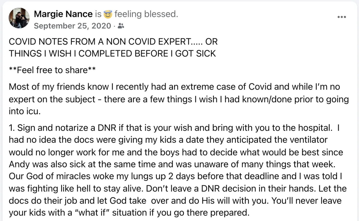 Screenshot of a facebook post about what Margie Nance wished she she organized before having Covid.