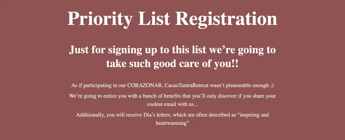 Corazonar priority list registration CacaoAmor Cacao tantra retreat