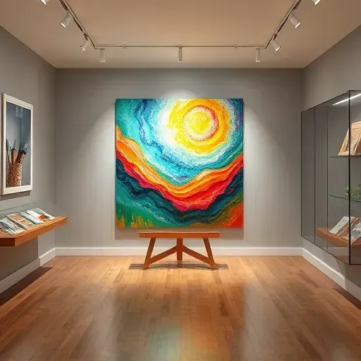 Painting in modern Edgewater gallery with vibrant colors, detailed brushwork, and elegant atmosphere showcasing artistry.