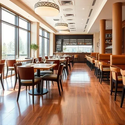 Freshly painted modern restaurant interior in Centennial Colorado with wooden floors, sleek furniture, large windows, and a stylish bar