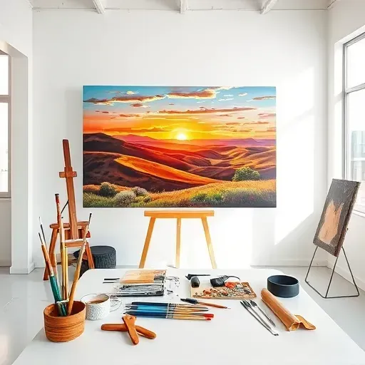 Completed painting in a modern Commerce City art studio features a vibrant landscape with sunset and rolling hills.
