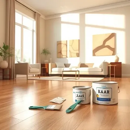 Freshly painted interior in Centennial, CO with warm beige walls and polished hardwood floors, showcasing tools and decor.