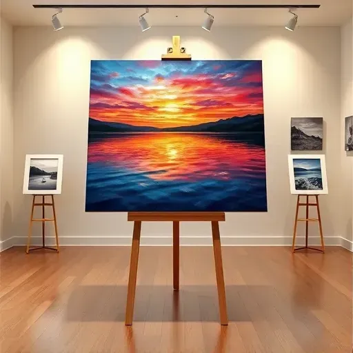 Finished painting titled Sunset Serenity on wooden easel in a softly lit gallery in Frederick CO featuring a vibrant sunset.
